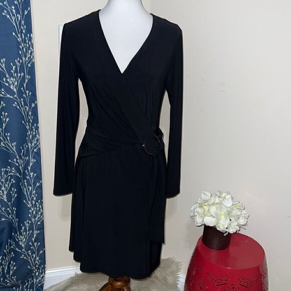 NEW Laundry by Shelli Segal Black Faux Wrap Dress Stretch $148 MSRP sz S Small - Picture 1 of 9